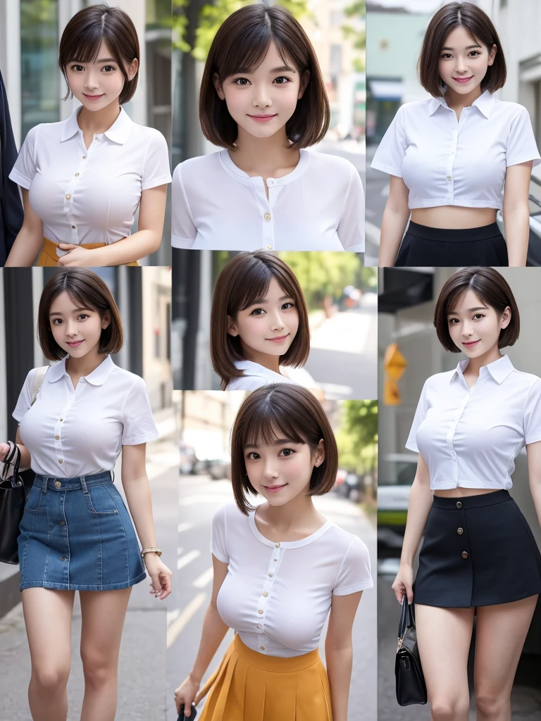 ((Best quality, 8k, Masterpiece: 1.3)), Sharp focus: 1.2, 1 aespa girl, beautiful face girl, cute face, age 24, small breasts, flat chest, short messy hair, walking, hold luggage, white casual shirt, skirt, terminal, station, sunlight, dramatic angle, kindness, cinematic lighting, (8k, masterpiece, best quality, raw photo)