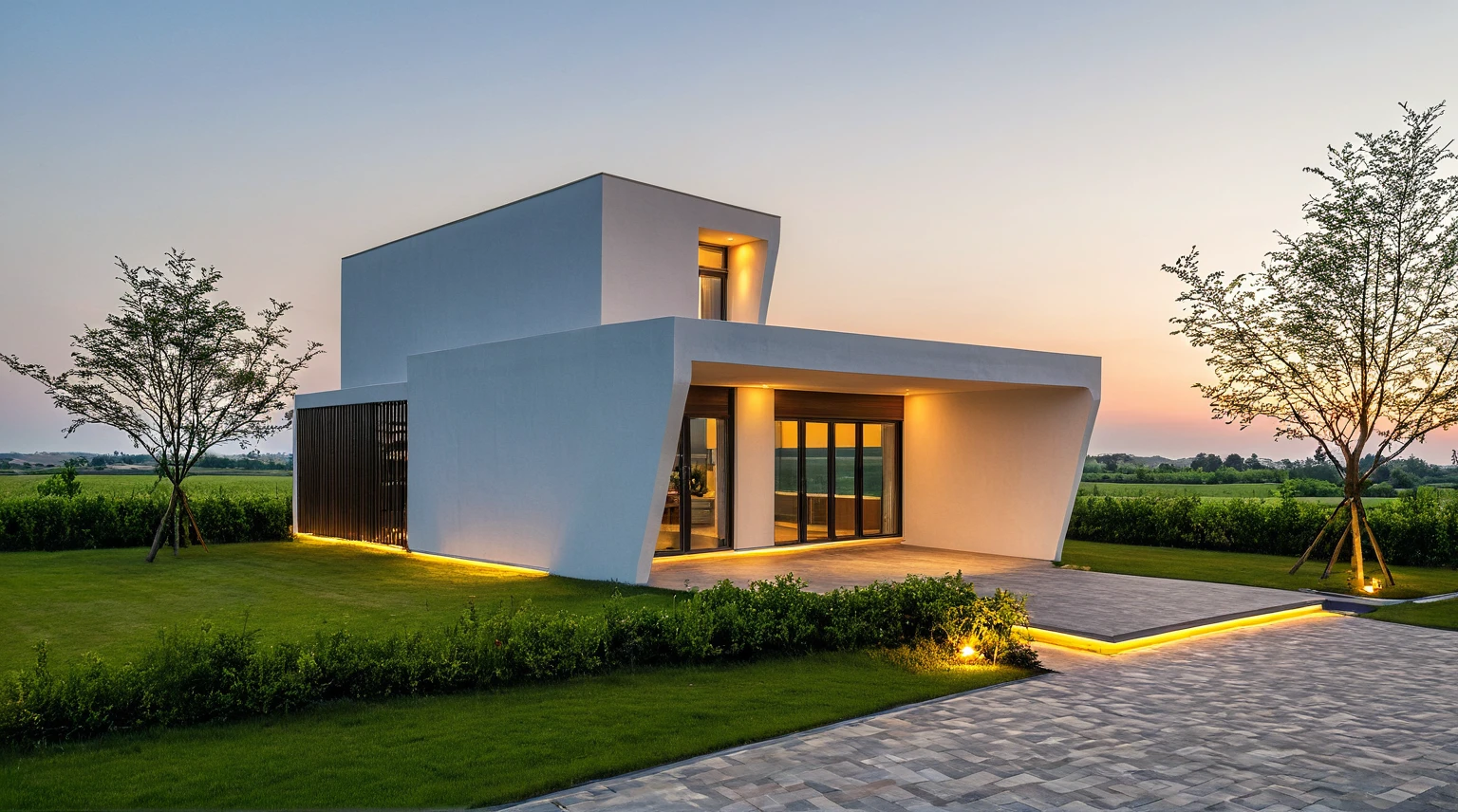 Masterpiece, high quality, best quality, authentic, super detail, outdoors, onestoreyvillaXL, aiaigroup, house style modern, white wall ,pavement, grass, trees, dusk sky, cloud, (daylight:1.1)
