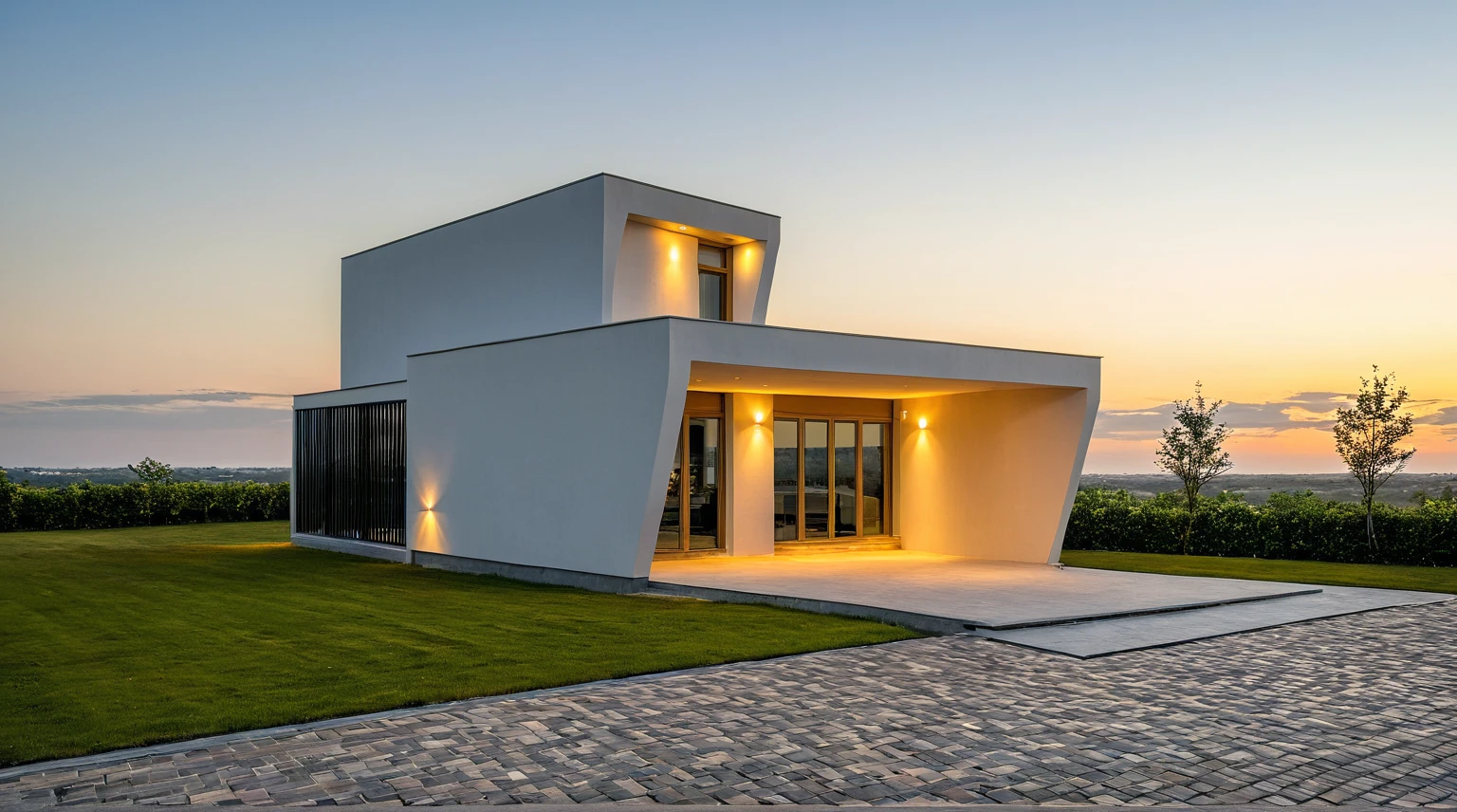 Masterpiece, high quality, best quality, authentic, super detail, outdoors, onestoreyvillaXL, aiaigroup, house style modern, white wall ,pavement, grass, trees, dusk sky, cloud, (daylight:1.1)
