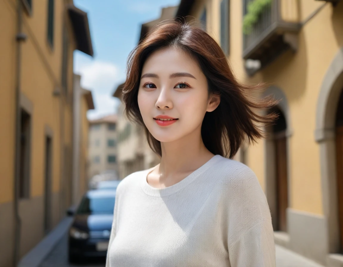 k Best picture quality, Beautiful 36-year-old Korean woman, short and good weather. Chest size 34 inches, downtown Florence, Italy, Alley where travelers come and go, Scene walking from afar, Taken with a wide-angle lens, Back background realistic and vivid image quality, Short and medium hair blowing in the wind, Wearing high-end luxury brand casual jumpers and pants, smile slightly. The background is clear, Short and slim Korean woman, Scenery with a realistic background