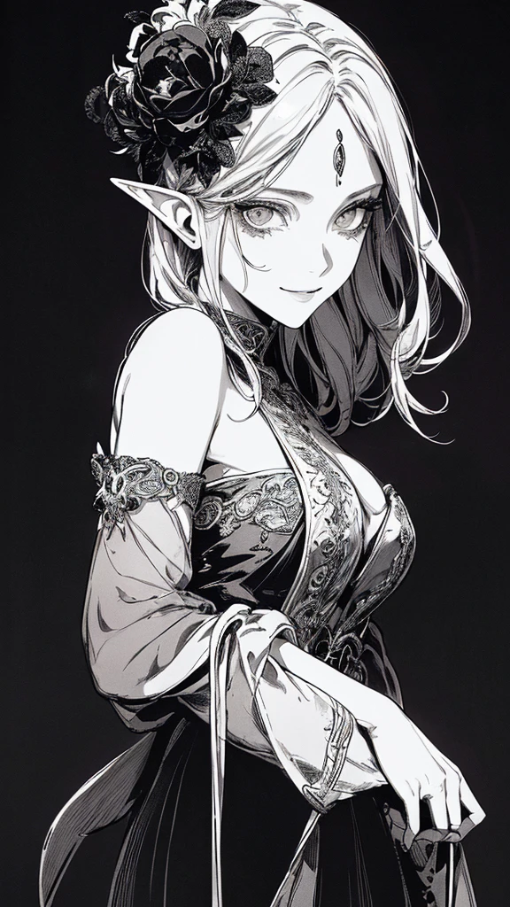Highest quality, (Background details), High Contrast, Very beautiful woman, Detailed original illustrations, functional, Archer、Elf, Ponytail Delicate face, charm, Bad boy, sexy, Platinum Blonde、White sundress、Real breasts, Small breasts、Crazy Smile, Crazy Eyes, Black background, (Black background: 1. 5), Beautiful line art, Monochrome