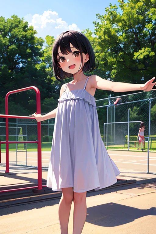 masterpiece, extra limbs, 1girl,8years old, black straight hair, tareme brown eyes, (((delighted))), white sundress,spread arms,standing, playground equipment,high angle