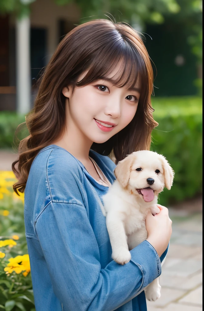 (masterpiece:1.2,Highest quality),Blur the background,1 female college student,((Cute casual clothes)),((Holding a puppy)),Wavy Hair,((Beautiful Eyes)),Blushed,Healthy Skin,(smile),garden,8K resolution