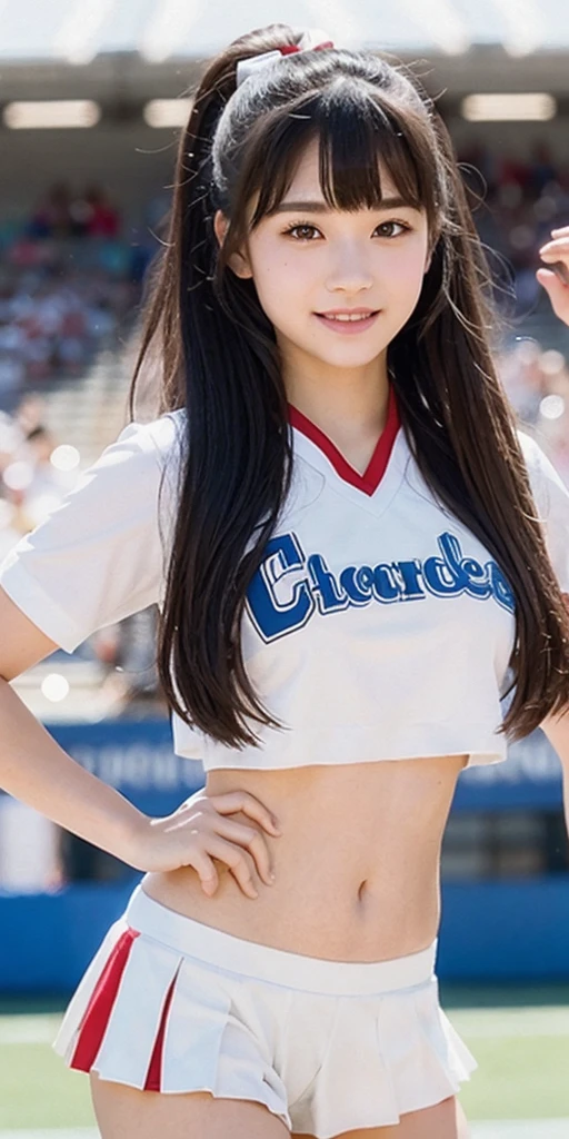 cheerleader,little smile,cheer leading,cheerleader uniform, (((masterpiece))), (((best quality))), ((ultra-detailed)), (illustration), ((an extremely delicate and beautiful)),(bokeh,blurry background),(best shadow), 1girl,white panties, black hair, long hair, kawaii,cute,, shine Highlight Spot on eyes, character focus,head tilt, (Looking from below the crotch, see underwear,pussy:1.3).