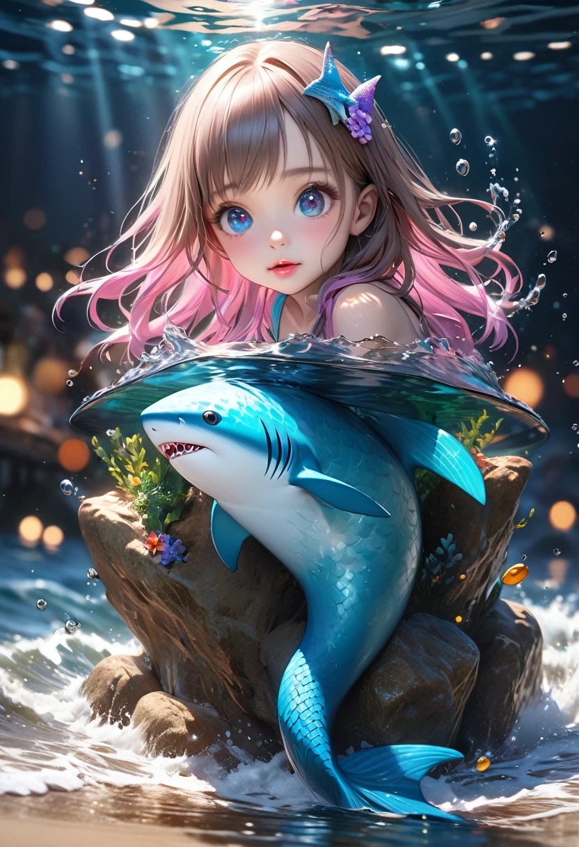 A curious young mermaid (Shark Girl), cute, pretty, playful, dangerous, detailed face, detailed eyes, detailed lips, detailed mermaid body, emerging from the sea onto the shore, full of wonder and excitement, extremely detailed, digital art, realistic, cinematic lighting, vibrant colors, dynamic composition, 8k, highres, photorealistic, masterpiece, ultra-realistic, photorealistic:1.37, HDR, UHD, studio lighting, ultra-fine painting, sharp focus, physically-based rendering, extreme detail description, professional, vivid colors, bokeh