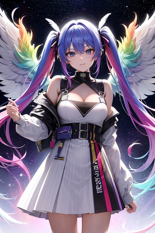 ((Archangel　Fantasy　Rainbow Hair　Make your hair rainbow-colored on the inside　Twin tails　Dull blue eyes　There is a galaxy　uniform　Put on a coat without putting your arms through it　Wings many times larger than mine　rainbow gradient feathers　Digital Wings　cyber punk　Smiling Kindly　front))(Broken glass　Rolling Pebble　Distorted Space-Time　star)　Catch the wind　milky way　Shining Background　Particles of light, rainbow colored edges　Shining Edges　star   双sword　Cleavage　sword　双sword　