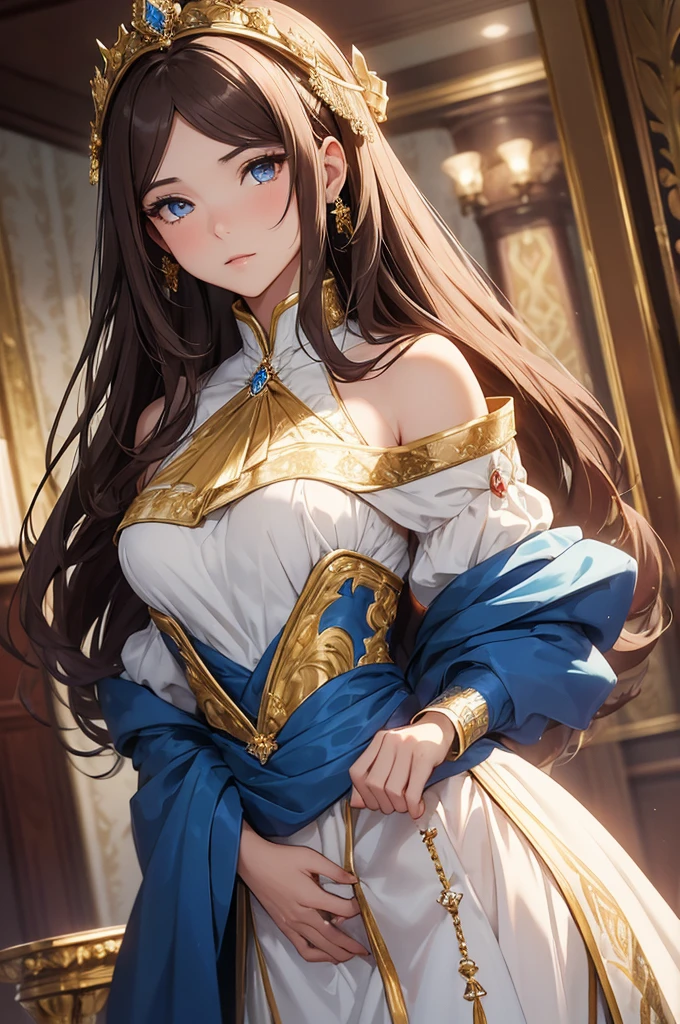 fancy, 19th-century, PRİNCESS, Woman, 精致的面容, long light brown hair, blue colored eyes, in a white royal dress with open shoulders, gold patterns on fabric, crystal jewelry, with a scarlet ribbon on the shoulder in the monarch's regalia, Gothic castle made of white stone in the background, Lumiere, giorno, High definition