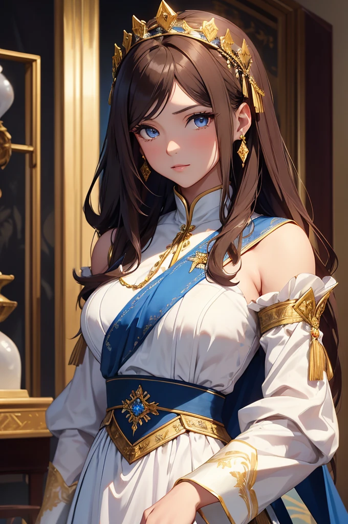 fancy, 19th-century, PRİNCESS, Woman, 精致的面容, long light brown hair, blue colored eyes, in a white royal dress with open shoulders, gold patterns on fabric, crystal jewelry, with a scarlet ribbon on the shoulder in the monarch's regalia, Gothic castle made of white stone in the background, Lumiere, giorno, High definition