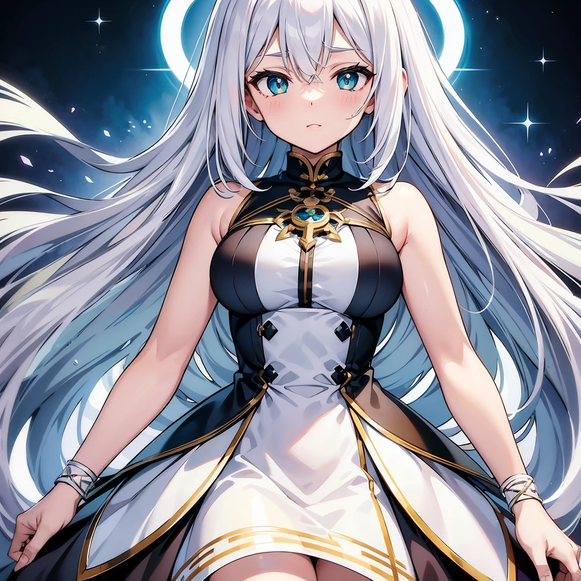 Anime character with long white hair and black dress, deity with white hair, from arc knights, cute anime waifu in nice dress, white hair, in dress, trending on artstation pixiv, from girls front line, white hair, official character art, perfect girl with white hair, lady with white hair,(shining sharp emerald eyes), dress is sleeveless,(perfect hands)