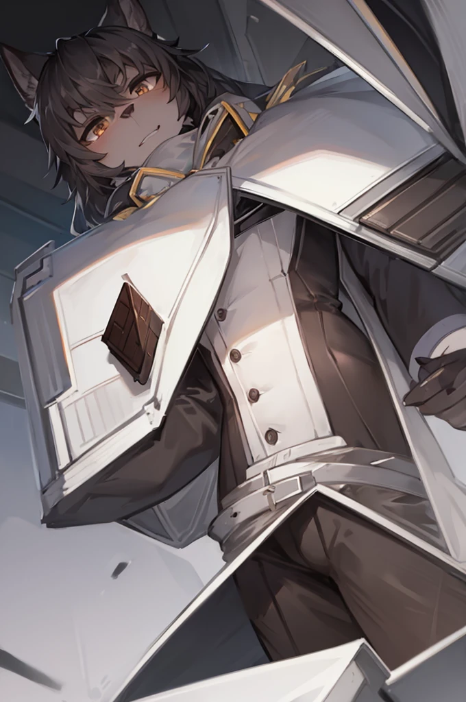 a dark grey-haired wolf, chocolate brown eyes, wearing a white tailored suit, low angle camera