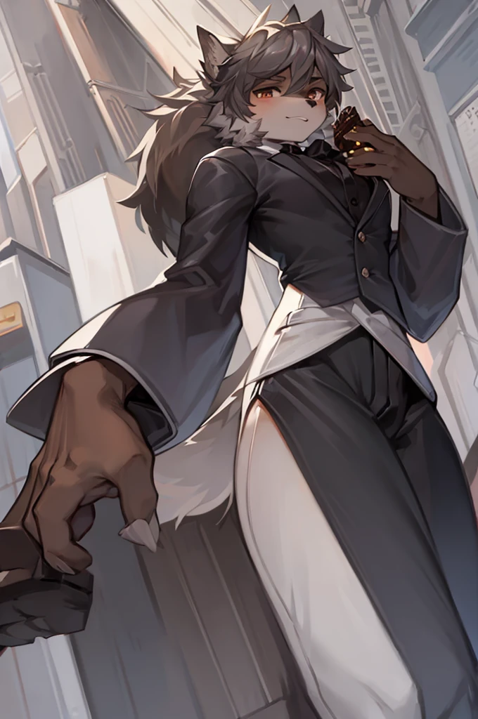 a dark grey-haired wolf, chocolate brown eyes, wearing a white tailored suit, low angle camera
