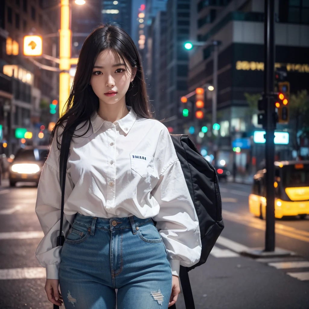 1girl, traffic light, cross road, acid tone shirt and jeans, detailed eyes, detailed lips, beautiful detailed face, long eyelashes, realistic, photorealistic, 8k, (best quality, 4k, 8k, highres, masterpiece:1.2), ultra-detailed, (realistic, photorealistic, photo-realistic:1.37), HDR, UHD, studio lighting, ultra-fine painting, sharp focus, physically-based rendering, extreme detail description, professional, vivid colors, bokeh