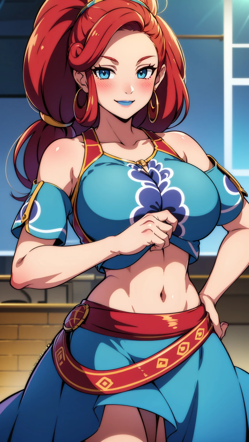 best quality, high resolution, large breasts, red hair, blush, smile, cowboy shot, looking at viewer, Urbosa, blue lip,