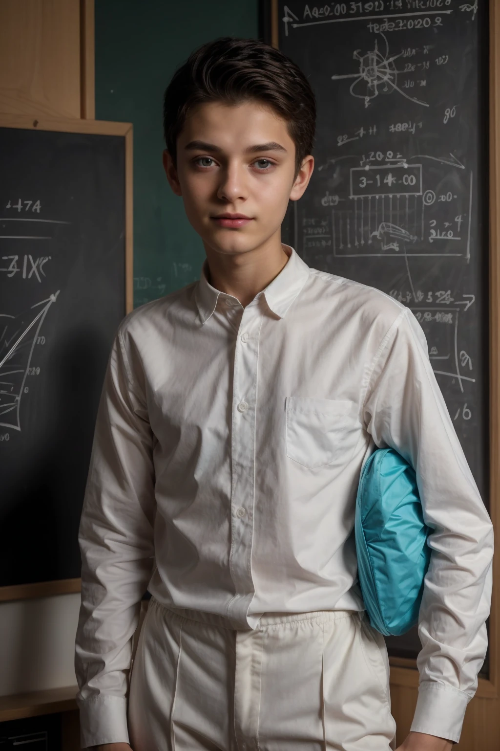 Beautiful young twink with a face with red makeup. He has black hair. He is wearing a white long-sleeved shirt and aqua blue pants. He is in his scientific office, and behind him is a blackboard on which the shape of the brain and its anatomy are written in precision and detail. He looks proudly