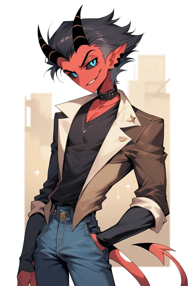 (masterpiece), best quality, expressive eyes, perfect face ,male focus, 1boy, solo, Red skin, black hair, tail, tall, imp, horns, blue eyes, cowboy boots, jeans, collars shirt, waistcoat, black sclera, helluva boss, Vivziepop style,