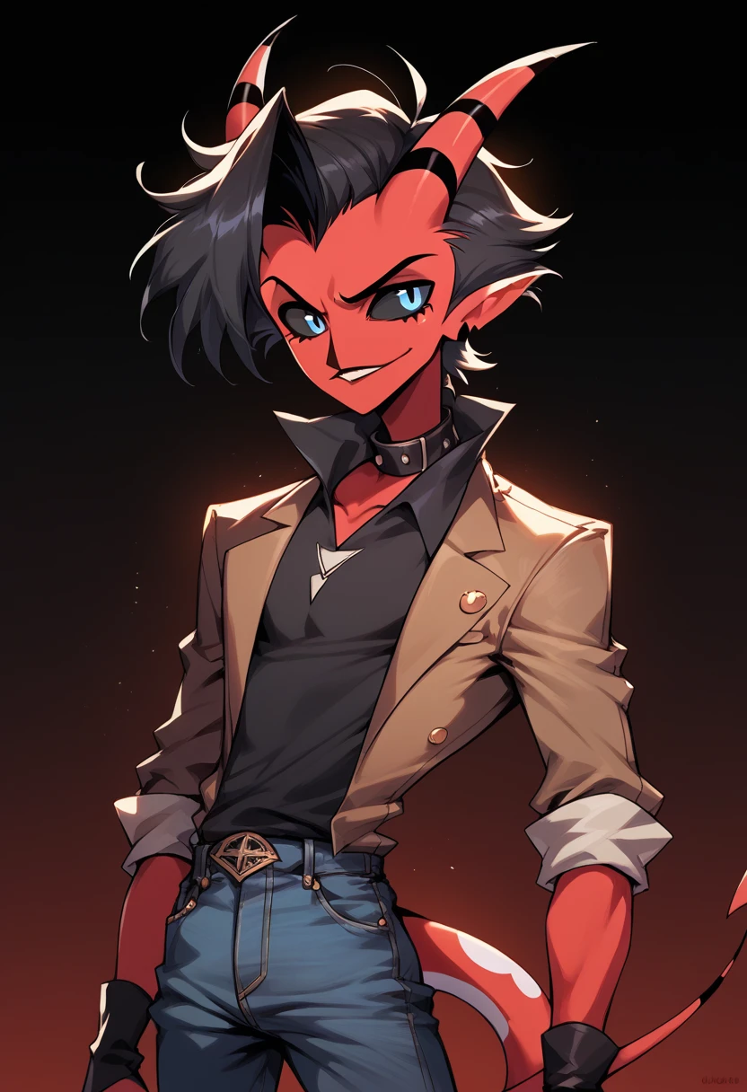 (masterpiece), best quality, expressive eyes, perfect face ,male focus, 1boy, solo, Red skin, black hair, tail, tall, imp, horns, blue eyes, cowboy boots, jeans, collars shirt,  waistcoat, black sclera,  helluva boss, Vivziepop style,
