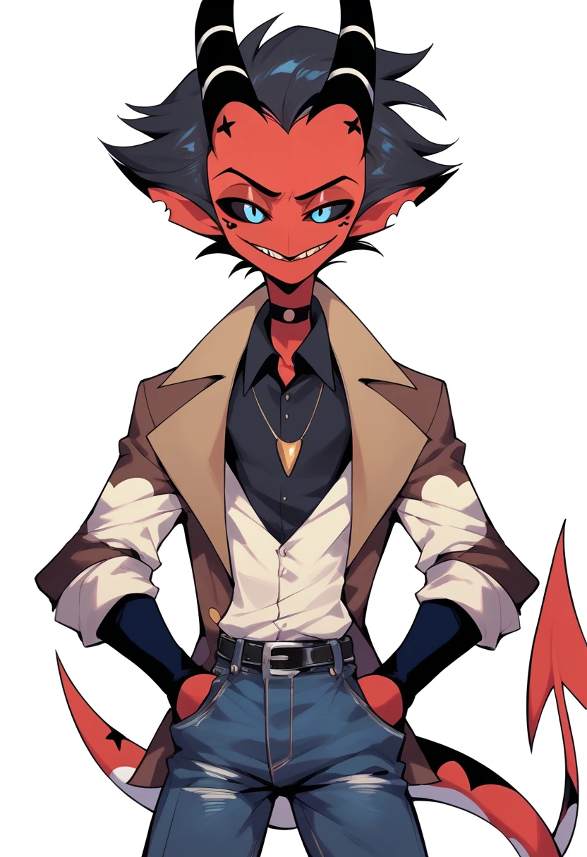 (masterpiece), best quality, expressive eyes, perfect face ,male focus, 1boy, solo, Red skin, black hair, tail, tall, imp, horns, blue eyes, cowboy boots, jeans, collars shirt,  waistcoat, black sclera,  helluva boss, Vivziepop style,
