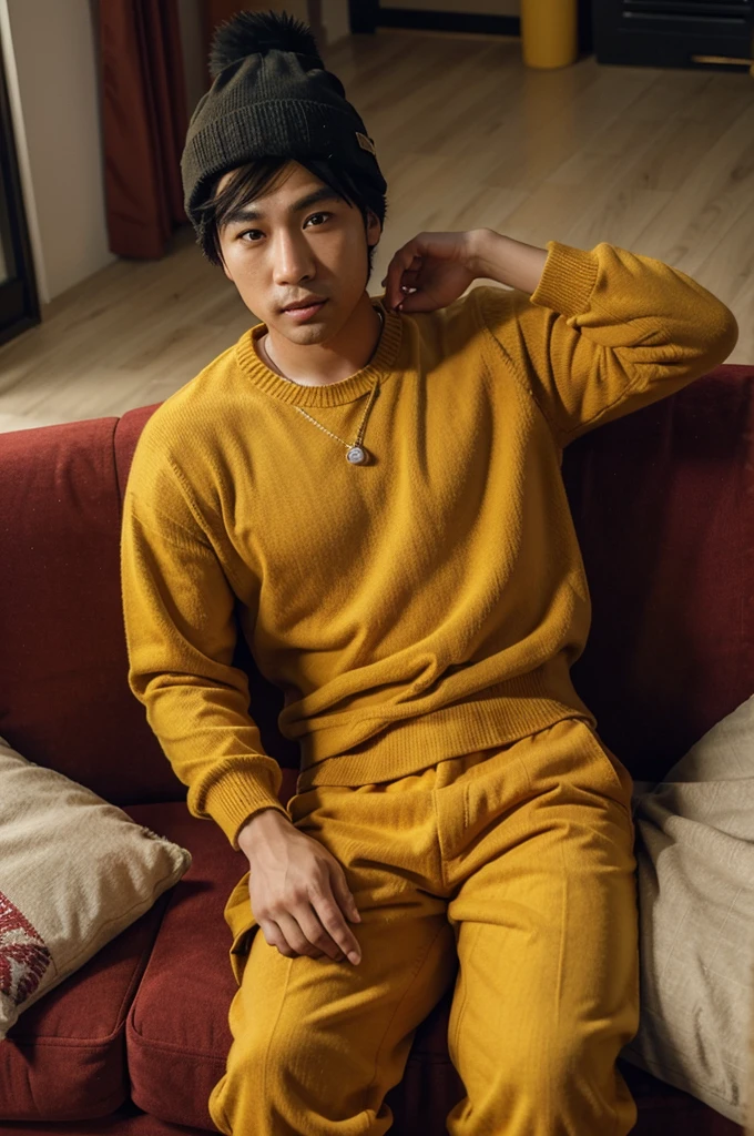 28 year old Asian man wearing bright yellow beanie sweater text"Heru wisnoe" and wearing brown cargo pants sitting on a red sofa with HD visuals