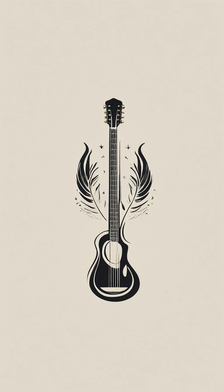 A minimal, modern, simple, cinematic logotype for the brand “Penamemoria". The logotype must be a simple, magical feather and a boy playing acoustic guitar. The logo must convey a sense of music, stories and dreams. Logo design impressed on a book cover. Minimalistic logo
