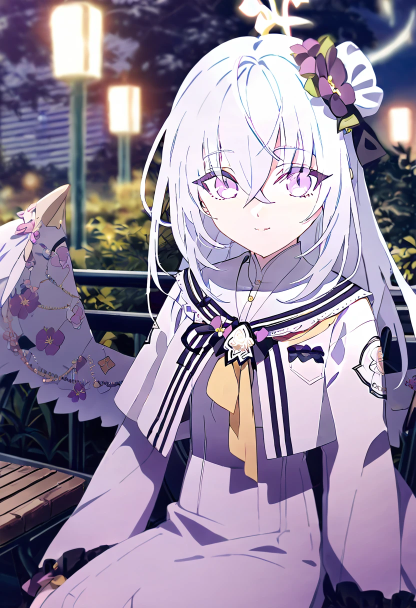 azusa \(blue archive\),1girl alternate_costume alternate_hairstyle angel_wings bench blurry braid braided_bun building depth_of_field feathered_wings flower hair_between_eyes hair_bun halo japanese_clothes kimono lamppost long_hair long_sleeves looking_at_viewer night night_sky obi obiage park park_bench purple_eyes sash sidelocks single_hair_bun sitting sky skyline skyscraper solo star_(sky) starry_sky stuffed_toy tree v_arms white_hair white_wings wide_sleeves wings yukata smile
