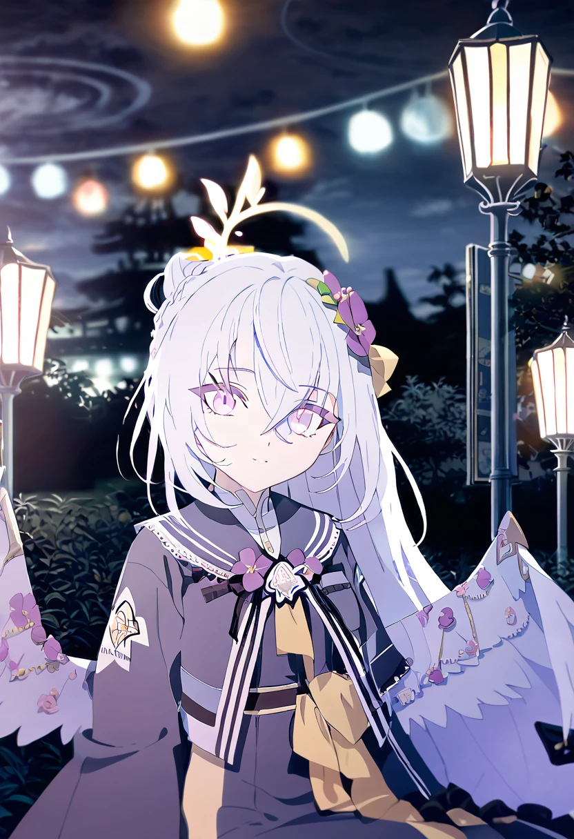 azusa \(blue archive\),1girl alternate_costume alternate_hairstyle angel_wings bench blurry braid braided_bun building depth_of_field feathered_wings flower hair_between_eyes hair_bun halo japanese_clothes kimono lamppost long_hair long_sleeves looking_at_viewer night night_sky obi obiage park park_bench purple_eyes sash sidelocks single_hair_bun sitting sky skyline skyscraper solo star_(sky) starry_sky stuffed_toy tree v_arms white_hair white_wings wide_sleeves wings yukata smile