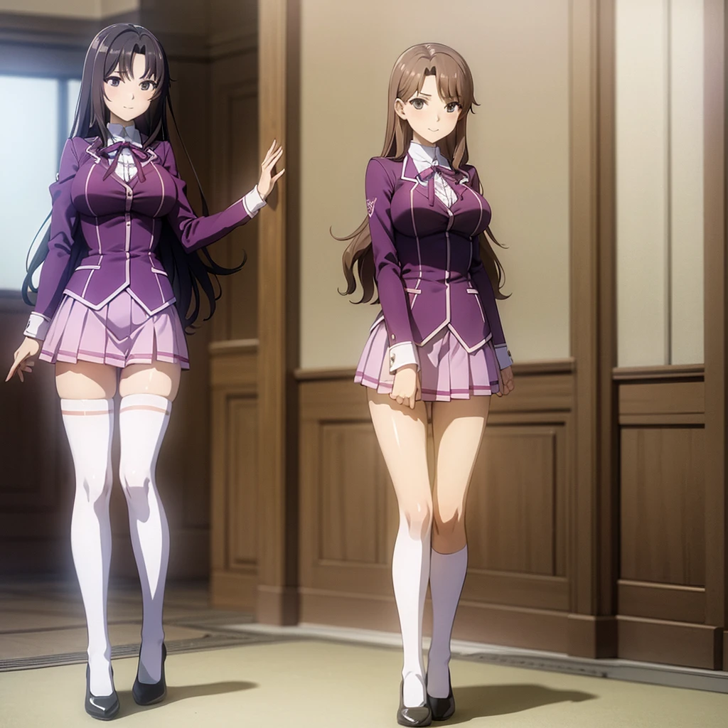 Masterpiece, high quality, 2girls, duo, identical twins, identical sisters, brown hair, curly hair, matching hairstyles, hazel eyes, medium sized bust, (light purple school uniform, sexy school uniform, light purple blazer, lace section, ribbon, light purple short skirt, white thigh-high socks, black low heels, matching outfits), smile, flat_color, full body, seductive pose, duo pose