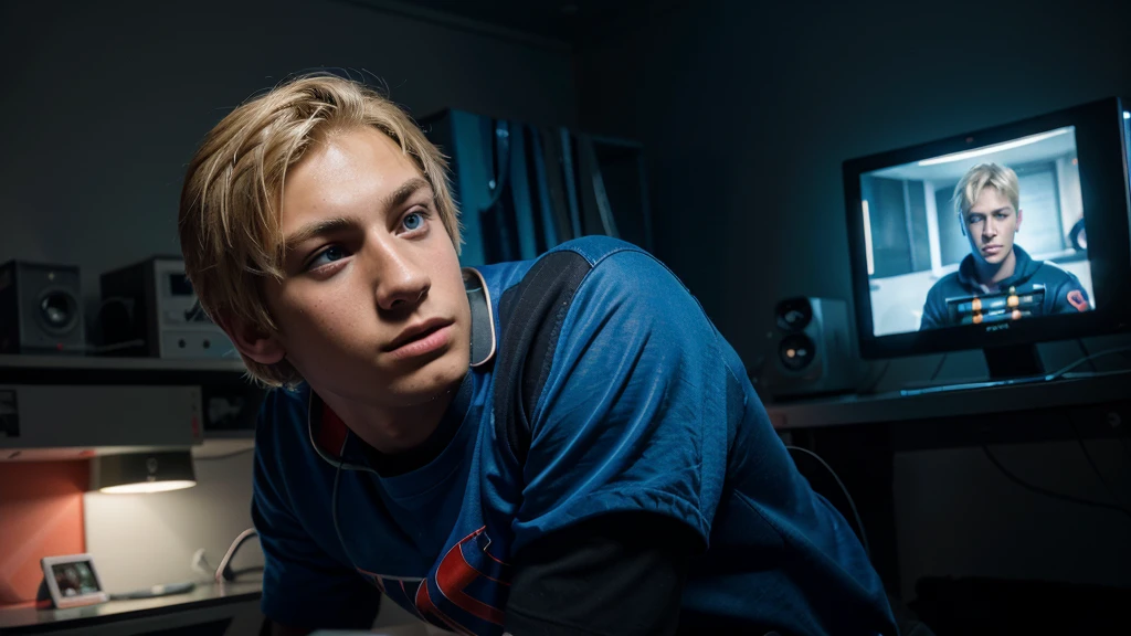 age european boy with blonde hair, playing videogames, in his dark room, lit with blue and red LED lights, looking this way, hyperrealistic, bright and vibrant colors, limited colors, nice lighting, high resolution, best quality, ultra detailed, dynamic angle, intricate details
