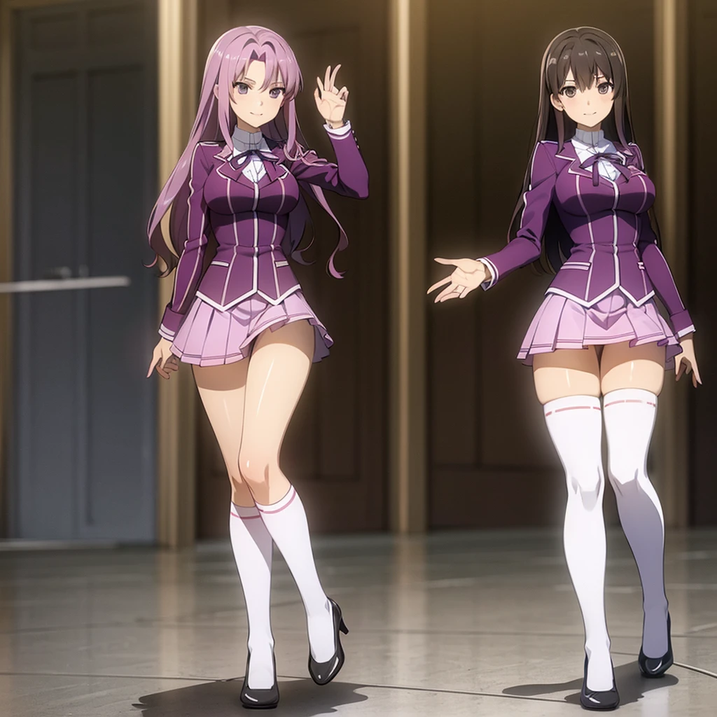 Masterpiece, high quality, 2girls, duo, identical twins, identical sisters, brown hair, curly hair, matching hairstyles, hazel eyes, medium sized bust, (light purple school uniform, sexy school uniform, light purple blazer, lace section, ribbon, light purple short skirt, white thigh-high socks, black low heels, matching outfits), smile, flat_color, full body, seductive pose, duo pose
