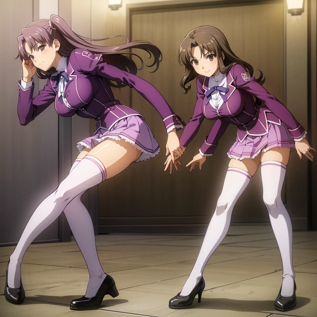 Masterpiece, high quality, 2girls, duo, identical twins, identical sisters, brown hair, curly hair, matching hairstyles, hazel eyes, medium sized bust, (light purple school uniform, sexy school uniform, light purple blazer, lace section, ribbon, light purple short skirt, white thigh-high socks, black low heels, matching outfits), smile, flat_color, full body, seductive pose, duo pose