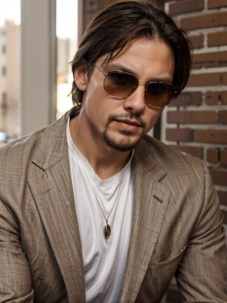thin white man, caucasiano, western american, thirty years old, with brown hair below the ears, with a goatee, eyes browns, with sunglasses, similar to actors johnny deep and tom cruise, dress with suit.
