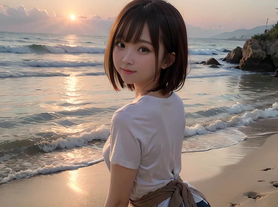 Sea view, Blake Background Only Rock Formation:1.6, Break Foreground only Sandy beach :1.6, evening, sunset, Ocean Waves, Water reflection, Anatomically completely correct:1.6, ((1 Japanese girl)), Very short bob cut:1.2, blush, Shyly, 17 years old, Open the mouse a little, Showing off slightly swollen lower buttocks from medium ASS,(beach shorts), (T-shirt waist length:1.4), Non-nipples:1.4, Blake Beautiful Ass, Brown Hair, Wet Hair, Hilarious:1.0, smile:1.0, ???????:1.0, [[Puff out your cheeks]], smile、 Dynamic Angle,, whole body, SFW:1.2, break , RAW Photos, Highest quality, masterpiece, Realistic, PhotoRealistic, Highly detailed 8k wallpaper, Beautiful and detailed eyes, Detailed painted face, High key lighting, Professional Lighting, Cinema Lighting, Side Lighting, Bokeh、((One person))、
