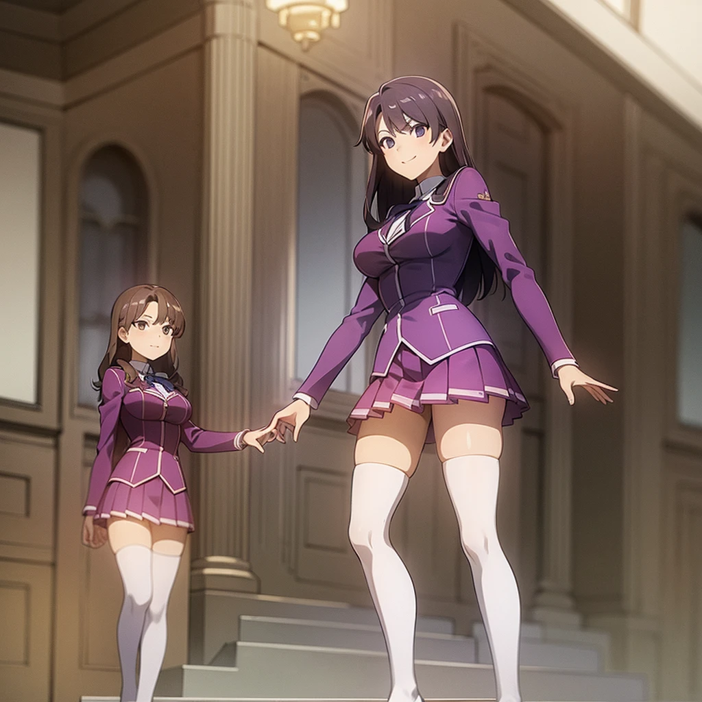 Masterpiece, high quality, 2girls, duo, identical twins, identical sisters, brown hair, curly hair, matching hairstyles, hazel eyes, medium sized bust, (light purple school uniform, sexy school uniform, light purple blazer, lace section, ribbon, light purple short skirt, white thigh-high socks, black low heels, matching outfits), smile, flat_color, full body, seductive pose, duo pose