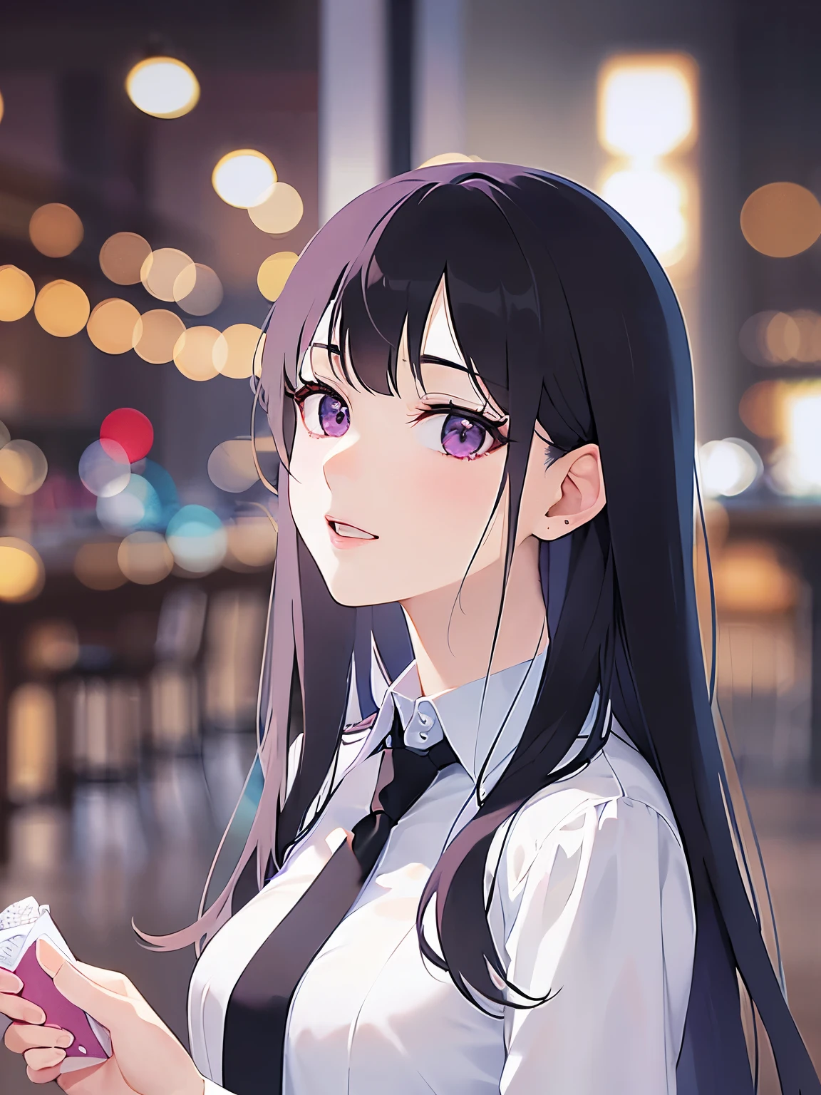 looking up, Realistic, real person, (pale skin: 1.2), RAW photo, photorealistic, shiny skin, shiny hair、(A 25-year-old woman with straight hair and bangs) and (medium hair) and (black hair) and (purple eyes) , (white collared shirt)、smile, The background is the interior of a restaurant at night.、Alone