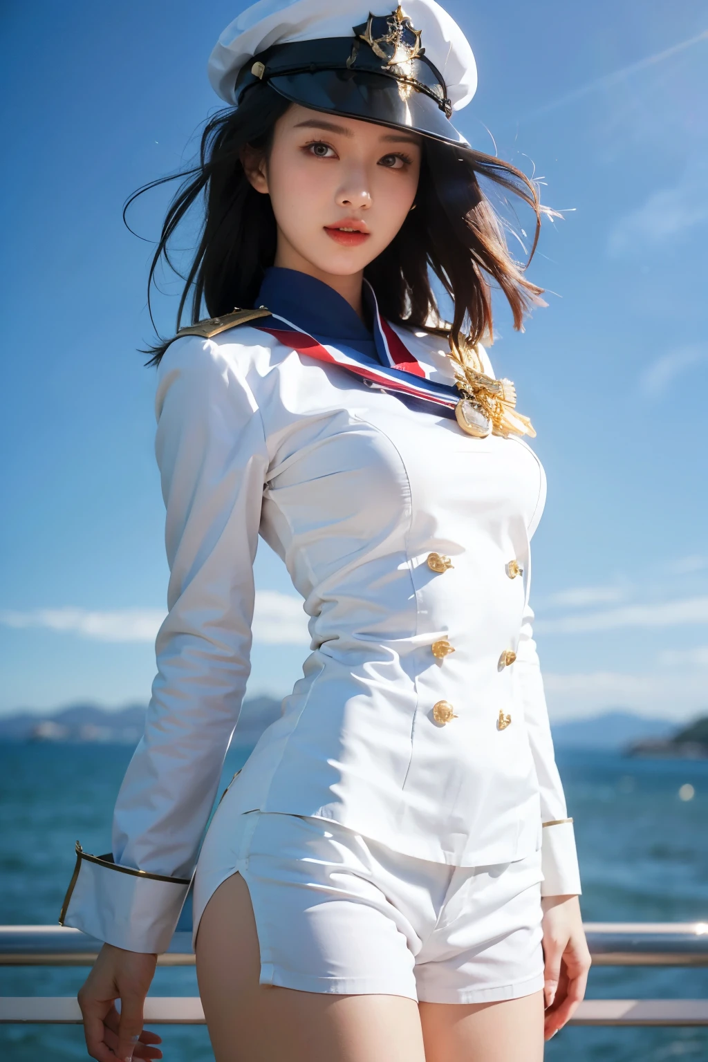 (8k, 4k, best quality, highres, ultra high res:1.1), (masterpiece, realistic, photo-realistic:1.1), 1girl, a young woman, an Asian woman, an elite female captain who is dignified and exudes an aura of leadership, her hair is neatly tied back and decorated with a medal of honor, wearing a white military uniform with gold and blue accents, white shorts, wearing a dashing captain's hat, sharp gaze, (looking at viewers) 