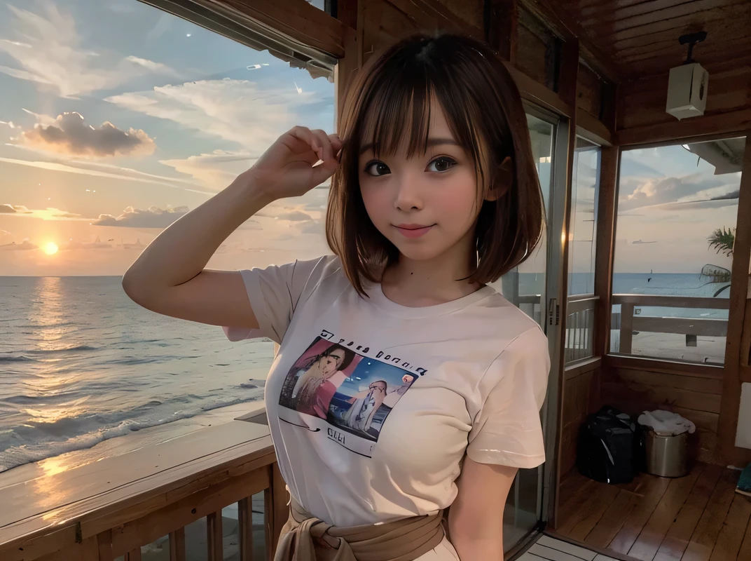 Sea view, Blake Background Only Rock Formation:1.6, Break Foreground only Sandy beach :1.6, evening, sunset, Ocean Waves, Water reflection, Anatomically completely correct:1.6, ((1 Japanese girl)), Very short bob cut:1.2, blush, Shyly, 17 years old, Open the mouse a little, Showing off slightly swollen lower buttocks from medium ASS,(beach shorts), (T-shirt waist length:1.4), Non-nipples:1.4, Blake Beautiful Ass, Brown Hair, Wet Hair, Hilarious:1.0, smile:1.0, Ecstasy:1.0, [[Puff out your cheeks]], smile、 Dynamic Angle,, whole body, SFW:1.2, break , RAW Photos, Highest quality, masterpiece, Realistic, PhotoRealistic, Highly detailed 8k wallpaper, Beautiful and detailed eyes, Detailed painted face, High key lighting, Professional Lighting, Cinema Lighting, Side Lighting, Bokeh、((One person))、
