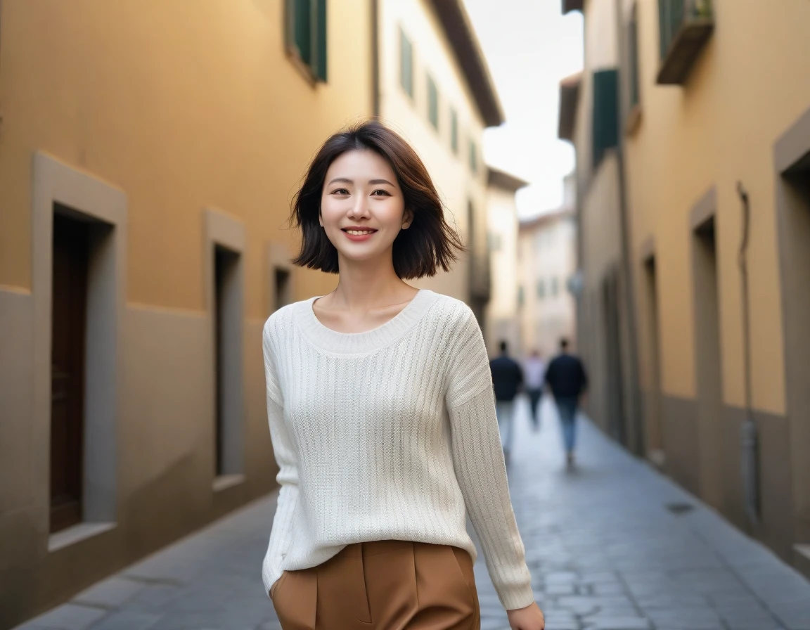 k Best picture quality, Beautiful 36-year-old Korean woman, short and good weather. Chest size 34 inches, downtown Florence, Italy, An alley where travelers come and go, Scene walking from afar, Taken with a wide-angle lens to show the entire body, Back background realistic and vivid image quality, Short and medium hair blowing in the wind, Wearing high-end luxury brand casual jumpers and pants, smile slightly. The background is clear, Short and slim Korean woman, Scenery with a realistic background