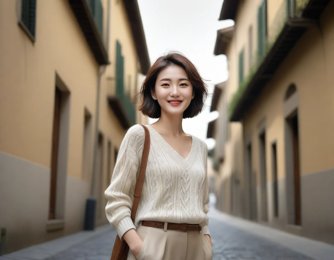 k Best picture quality, Beautiful 36-year-old Korean woman, short and good weather. Chest size 34 inches, downtown Florence, Italy, An alley where travelers come and go, Scene walking from afar, Taken with a wide-angle lens to show the entire body, Back background realistic and vivid image quality, Short and medium hair blowing in the wind, Wearing high-end luxury brand casual jumpers and pants, smile slightly. The background is clear, Short and slim Korean woman, Scenery with a realistic background