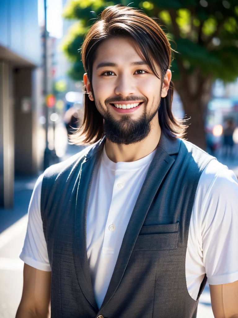 high resolution,４K,Charm、Realistic、Beard not growing、Clean and refreshing、Japanese、Vibrant urban background,The charming smile of a cool man in his 20s。Define your face from the shoulders up。With confidence and flexibility、It has an eye-catching appeal。