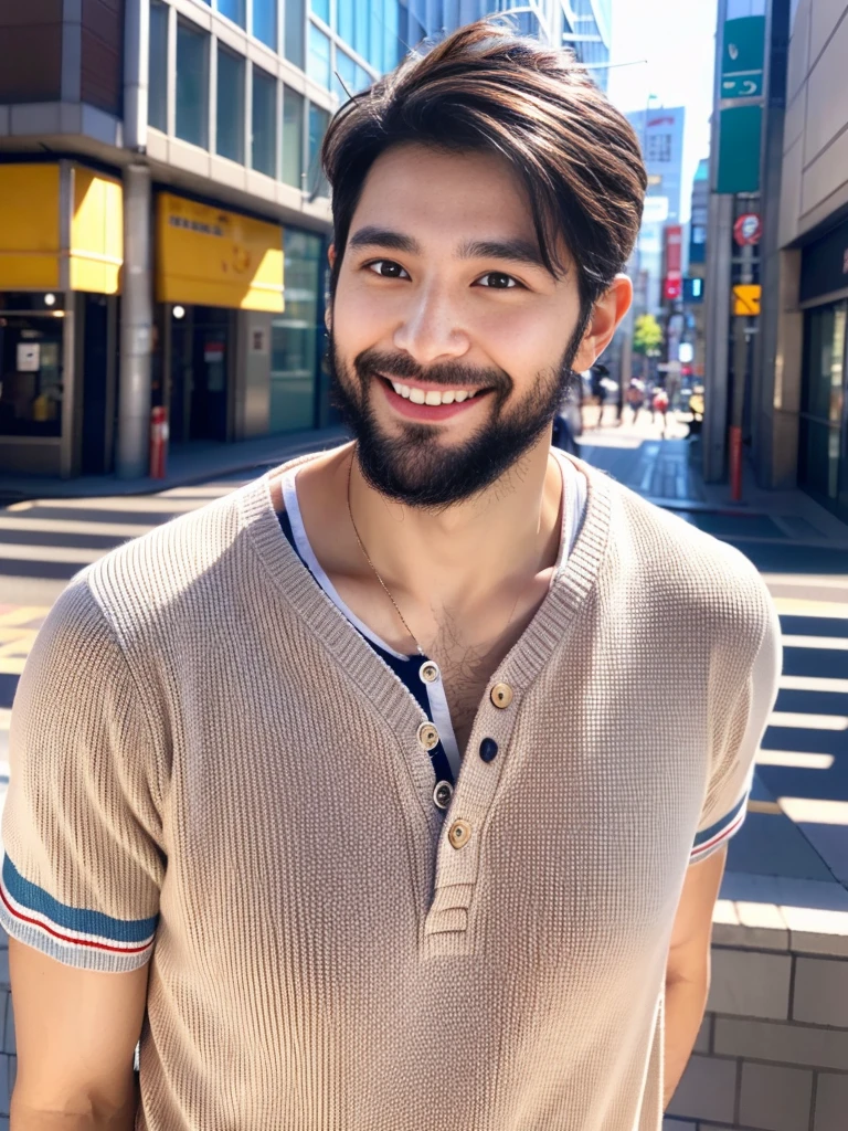 high resolution,4K,Charm、Realistic、Beard not growing、Clean and refreshing、Japanese、Vibrant urban background,The charming smile of a cool man in his 20s。Define your face from the shoulders up。With confidence and flexibility、It has an eye-catching appeal。