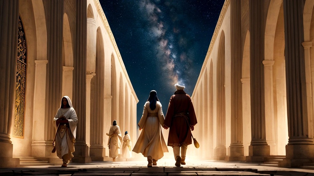 "Description: Create a poignant visual narrative depicting individuals from various historical and cultural backgrounds embarking on a journey towards their eternal reward. Show diverse figures walking on a path illuminated by celestial light, symbolizing their faith and righteousness leading to the promise of eternal life.
Details: Incorporate elements such as ancient scrolls or sacred texts carried by the figures, signifying their spiritual journey. Use soft, celestial colors and gentle lighting to convey a sense of spiritual progression and divine guidance. This visual should convey the timeless theme of faith and righteousness as pathways to eternal reward."