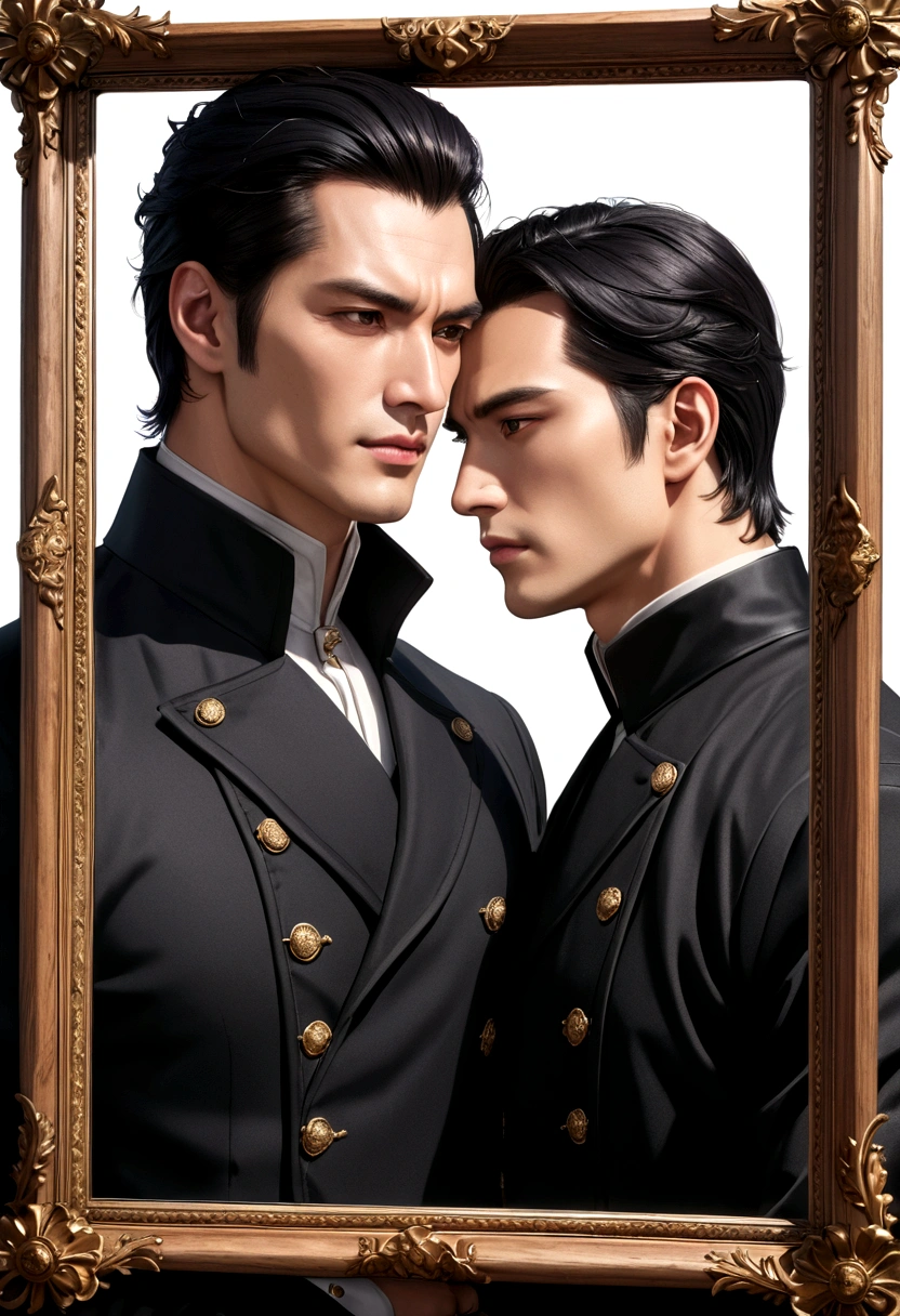 (highest resolution, separate_video) best quality, ((two men)), support each other, masterpiece, high detail, semi-realistic, black short hair, black hair, forehead, mature, young, tall and strong, The right side of the body is wearing a black coat., solemn and serious, tall and handsome, majestic and powerful, With exquisite facial features, ((with a viewing mirror))