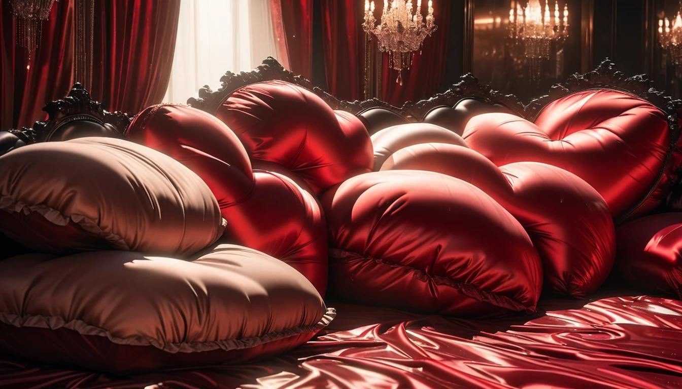 A fluffy red silk feather duvet, many huge silk body pillows, a luxurious and fluffy red silk bed, red silk sheets, 8k, best quality, high detailed, photorealistic, dramatic lighting, warm tones, luxurious, soft, plush, velvet, satin, velvety textures, elegant, sophisticated, premium, lavish, opulent, sumptuous, indulgent, exquisite, refined, lush, damp with water