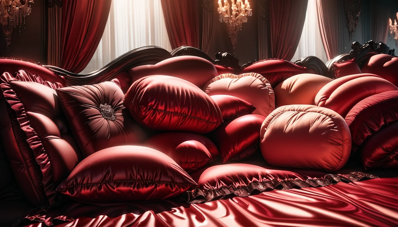 A fluffy red silk feather duvet, many huge silk body pillows, a luxurious and fluffy red silk bed, red silk sheets, 8k, best quality, high detailed, photorealistic, dramatic lighting, warm tones, luxurious, soft, plush, velvet, satin, velvety textures, elegant, sophisticated, premium, lavish, opulent, sumptuous, indulgent, exquisite, refined, lush, damp with water
