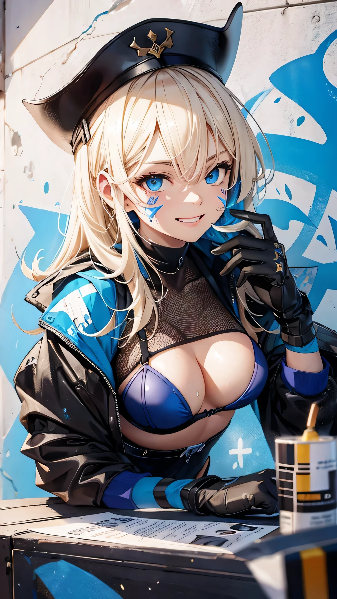 最high quality、Best image quality、masterpiece、With a girl((cute、20-year-old、Best Bust、Medium Bust、Bust 85,Beautiful Blue Eyes、Spread your chest wide,Blonde lointail、Slender、The best valley、、Black Bikini、,Show the whole body、Black perforated gloves,Blue Mesh,Leaning forward greatly、Blue Sports Sunglasses、Blue Intercom,Sweating profusely、Face Paint、Grin、Spray canを持つ)）high quality、Beautiful art、background((White wall、graffiti、paint、Spray can、folding chair)),Tabletop、Exquisite design、Visual Arts、Depth of written boundary、Best lighting、Highest detail、8ｋ