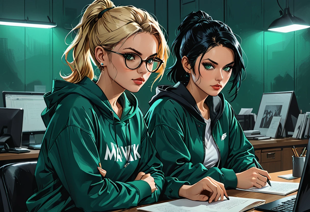 (2 girl), (((foreground girl)))\Short blonde Waves pixie hair in Blue oversized hoodie sitting with back to viewer), (background character\in a classic dark green suit with round glasses and a white shirt with Long Sleek Straight Ponytail Slicked back black Hair and green eyes Hawk long Nose Long and Diamond type Face sitting facing viewer), (detailed background, dynamic composition), (expressive faces),
at dark green office,
graphic style of novel comics,dark novel, 2d, 8k, hyperrealism, masterpiece, high resolution, best quality, ultra-detailed, super realistic, Hyperrealistic art, high-quality, ultra high res, highest detailed, lot of details, Extremely high-resolution details, incredibly lifelike, colourful, soft cinematic light,