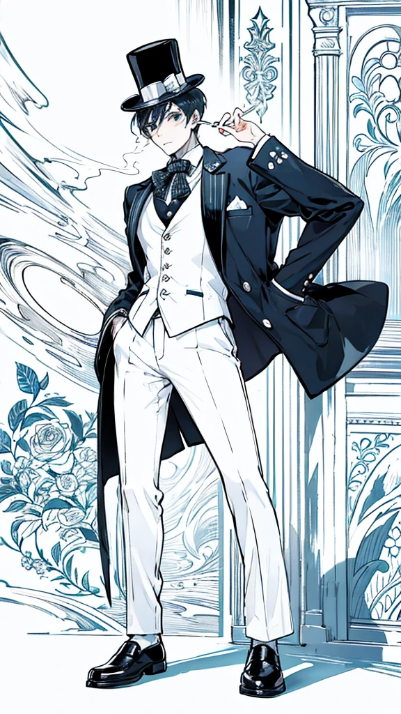 boy in top hat, used suit, smoking a cigarette