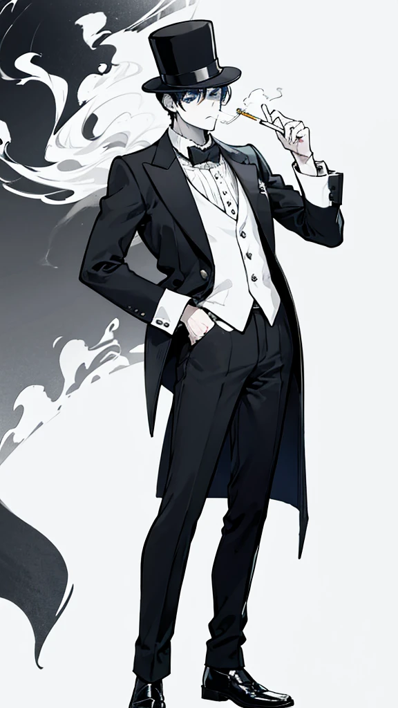 boy in top hat, used suit, smoking a cigarette 