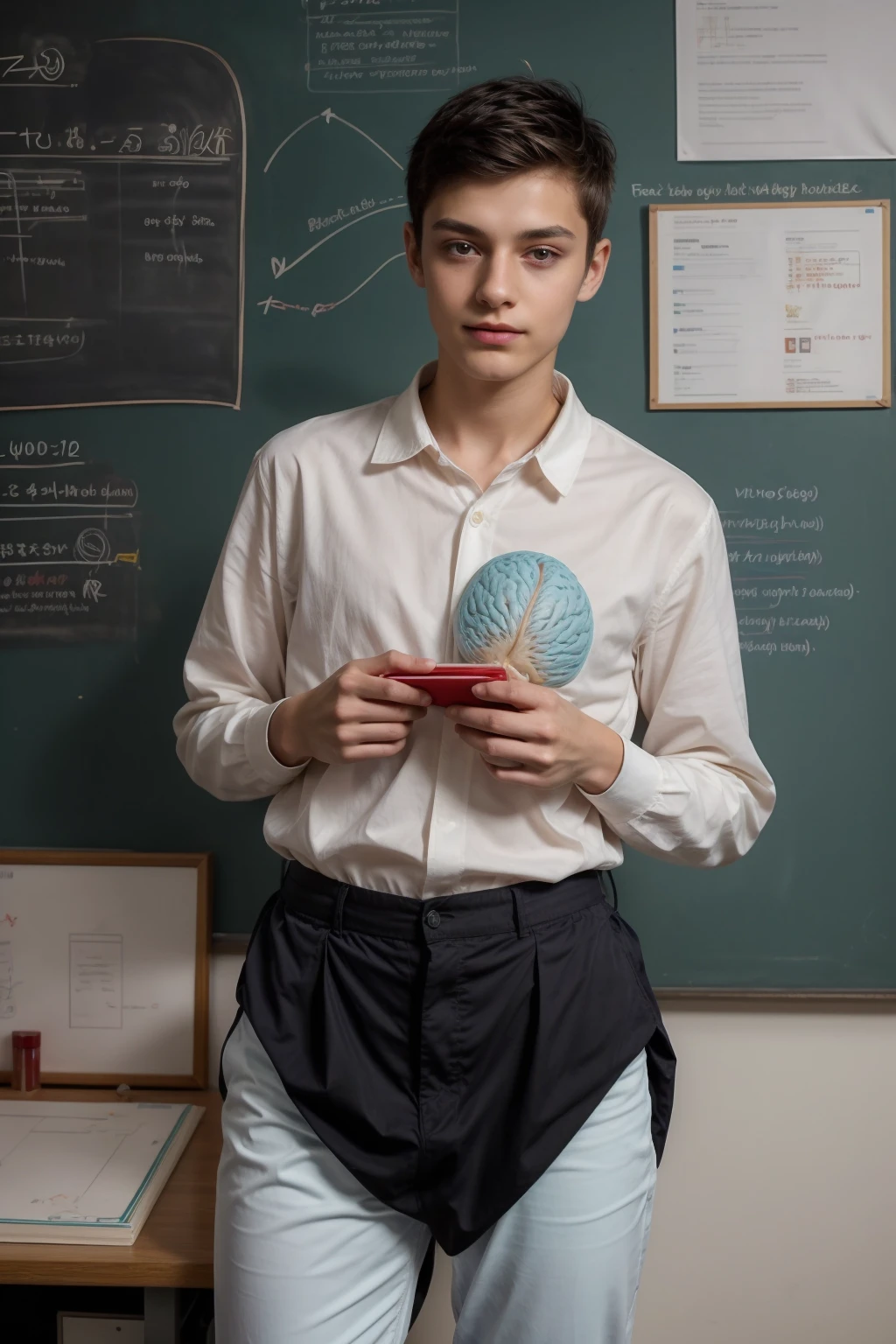 Beautiful young twink with a face with red makeup.    He has black hair.    He is wearing a white long-sleeved shirt and aqua blue pants.    He is in his scientific office, and behind him is a blackboard on which the shape of the brain and its anatomy are written in precision and detail.  He looks proudly