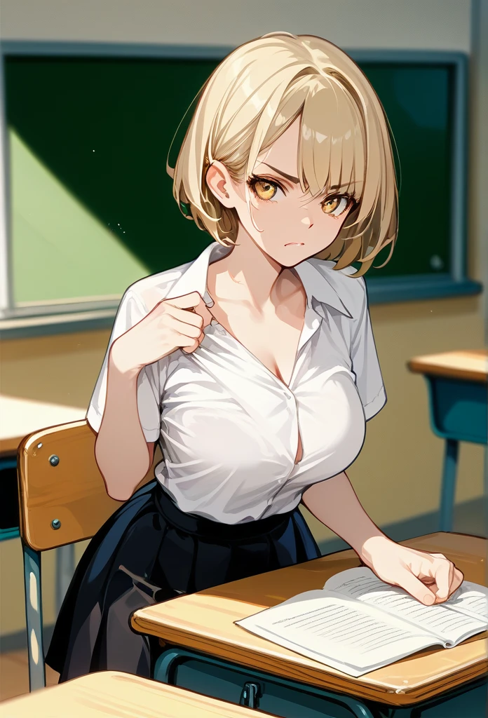 young girl, young face, hot face, golden eyes, short hair, blonde hair, annoyed expression, irritated face, mature body, curvy body, big breasts, shirt, skirt, classroom, puffing up chest