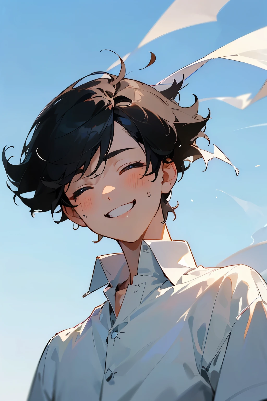 (Mastepiece), (Best Quality), Very detailed, (1 boy:1.5),Shooting from below、Solo Shooting,Perfect Face, Beautiful Face, Very detailed顔,(Black Hair:1.3),(short hair:1.3)、(Happy Face:1.4),(Close your eyes and laugh:1.3),(White shirt:1.4)、(Hair blowing in the wind:1.4),It seems like it will disappear,(blue sky)、summer、ephemeral,Sweat